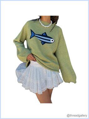 Rib Knit Fish Graphic Sweater Crew Neck Oversized Vintage Pullover